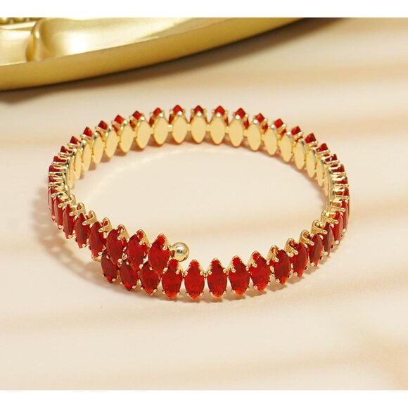 Gold Red Rhinestone Cuff Bracelet Cubic Zirconia Tennis Bracelets for Women - Picture 5 of 7